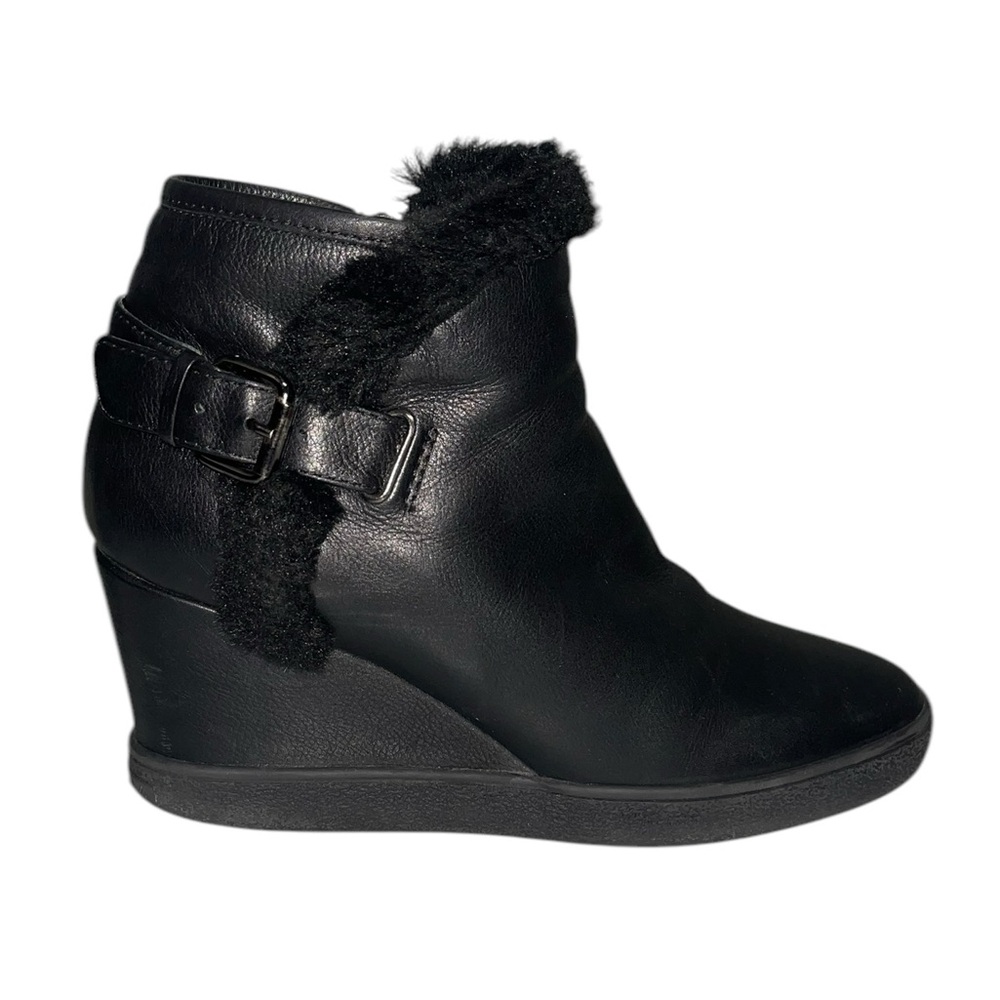 AQUATALIA Black Leather Wedge Boots Faux Fur Trim Zip Up US 9 - Picture 1 of 12